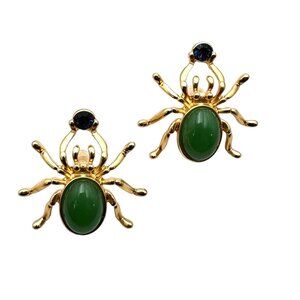 Fall Halloween Spider Earrings Pierced 18K Gold Plated Green Blue Rhinestone